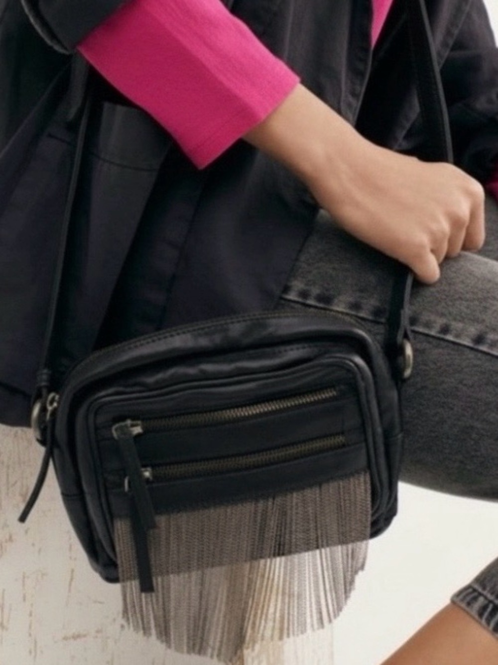 Free People “Flora” Black Fringe Leather Crossbody Bag